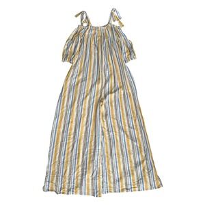 Karen-T Design Linen Rayon Jumpsuit M Striped Cold Shoulder Wide Leg Tie Strap